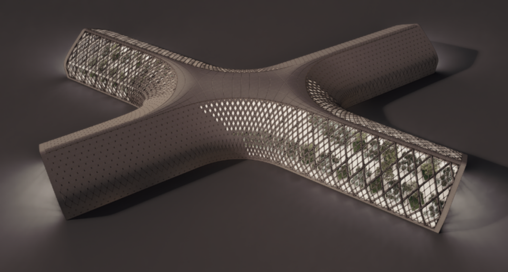 Sustainable building facade 'Restaurant / GreenHouse' by Amir Ahmed with solar-optimized parametric patterning